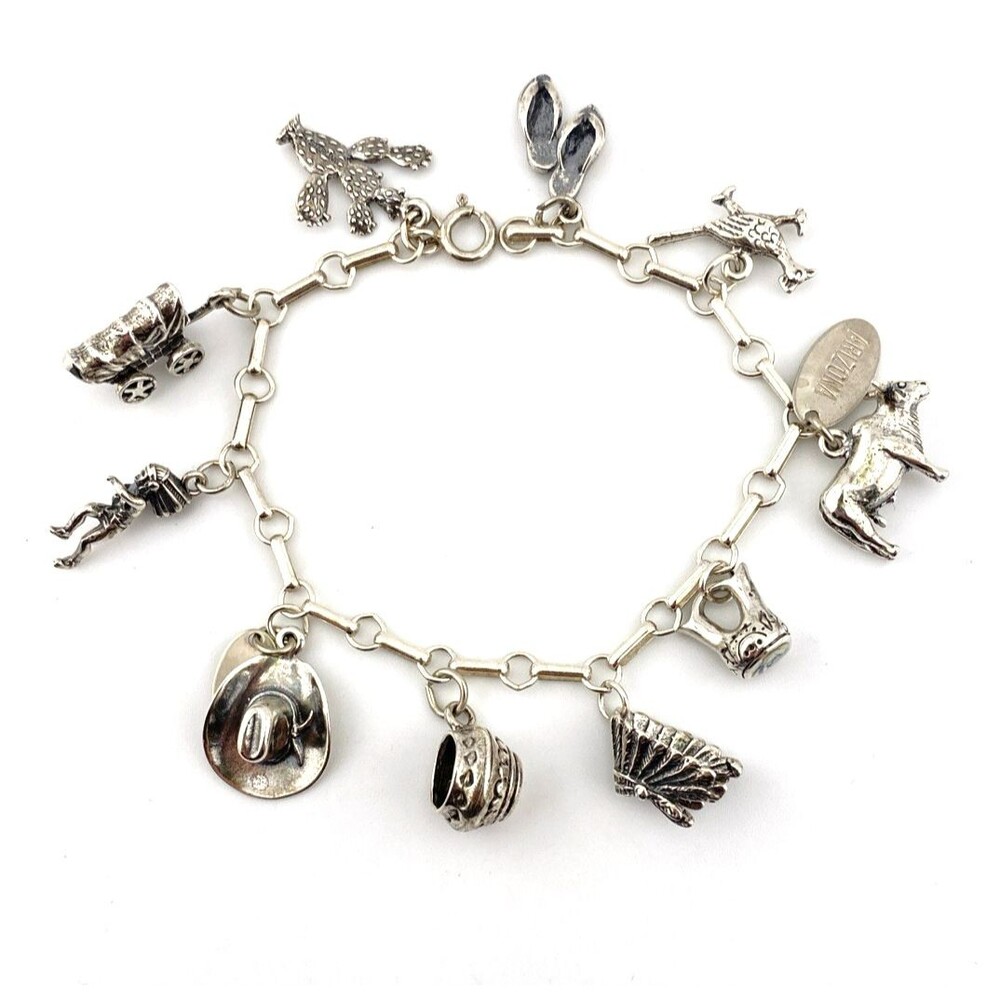 Arizona Sterling Silver Charm Bracelet 10 3D Figural 7 Inch Vintage